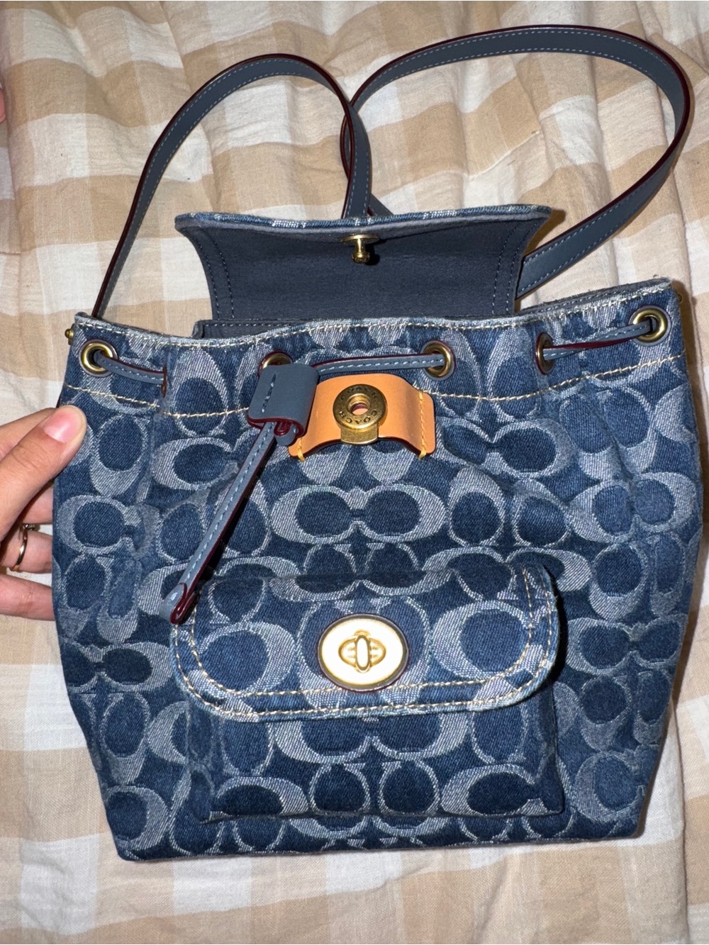 Coach Riya Blue Signature Denim Drawstring backpack